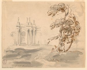 Dessin, arbre dans un paysage avec un bâtiment, 1756-78