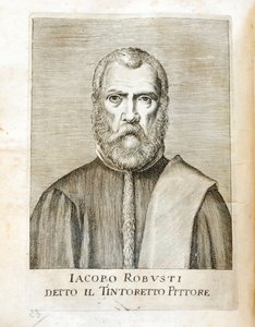 Portrait de Jacopo Robusti dit le Tintoret (Tintoretto) (1518-1594) peintre italien Gravure de « Maraviglie dell