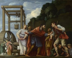 Moïse défend les filles de Jethro. 1609-10
