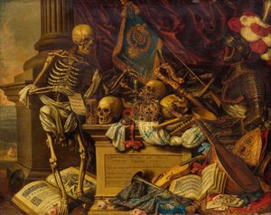 Nature morte de vanité avec instruments de musique, livres, partitions, squelette, crâne et armure, XVIIe siècle