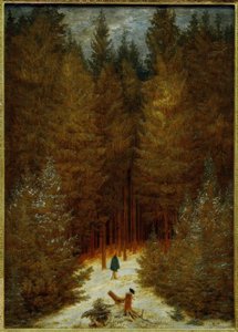 Le chasseur dans la forêt (Une forêt de sapins enneigée, sapins)