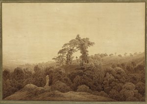 Paysage côtier avec une croix et une statue - Caspar David Friedrich