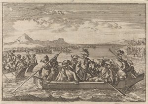 Les Vaudois chassés de Savoie retournent en barques sur le lac de Genève vers leur pays, 1689