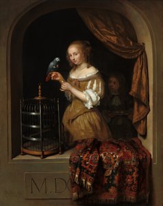 Une femme nourrissant un perroquet, avec un page