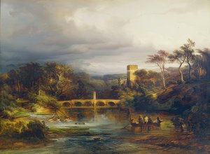Château au bord du lac forestier avec des rameurs et un pont en arc. 1846