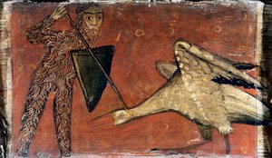 Combat entre un chevalier et une grue, Panneau de plafond - Catalan School
