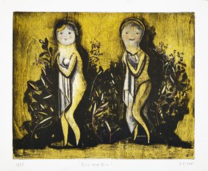 Eve et Eve, 2015 (lithographie mokulito avec coloration à la main) - Cathie Pilkington