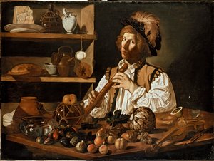 Intérieur avec un jeune homme tenant une flûte à bec, vers 1610-1621 - Cecco del Caravaggio