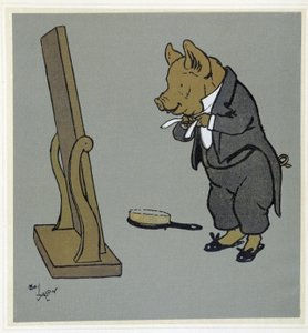 Cochon se coiffant, ajustant son nœud de cravate devant un miroir - dans « Merry Party », ill. par Cécil Aldin, éd. Hodder & Stoughton, Londres