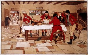 Le goûter des trois pigeons. Les chasseurs cuisinent et mangent rapidement avant de partir à la chasse. Gravure de Cecil Aldin (1870 -? ), Angleterre. Coll. Deal - Cecil Charles Windsor Aldin