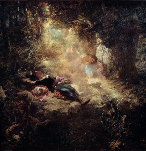 Un rayon de soleil. Jeunes gens endormis dans une clairière. Peinture par Célestin Nanteuil (1813-1873)