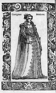 Renaissance : une courtisane romaine au 16ème siècle. Gravure de "Costumes modernes et anciens" de Cesare Vecellio