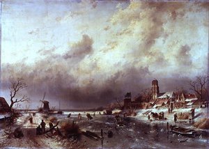 Scène de rivière gelée - Charles Henri Joseph Leickert
