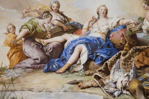 Le repos de Diane parmi les nymphes (Il riposo di Diana tra le Ninfe), par Charles-Andre van Loo (1705-1765), fresque, plafond voûté de la chambre, appartement de la reine, résidence de chasse, par Filippo Juvarra (1678-1736), Stupinigi, Piémont, Italie - Charles André van Loo