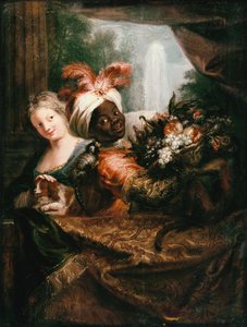 Jeune homme noir tenant un panier de fruits et une jeune fille caressant un chien