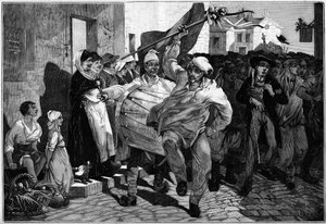 Service militaire : le tirage au sort en Bourgogne, conscrits près de Mâcon. Gravure de Montbart dans « Le Monde Illustre » n°1299 du 18 février 1882