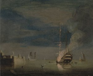 Un deux-ponts en feu la nuit au large d