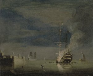 Un deux-ponts en feu la nuit au large d
