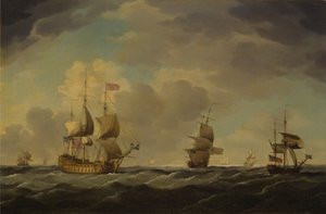 Un vaisseau amiral anglais sous voile facile par brise modérée - Charles Brooking