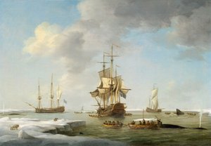 Pêche au Groenland : baleiniers anglais dans la glace, vers 1750