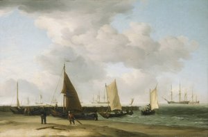 Scène sur le rivage, avec un bâtiment de guerre à l