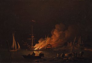 Navire en feu la nuit