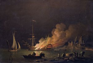 Navire en feu la nuit, vers 1756 - Charles Brooking