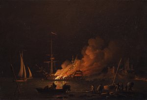 Navire en feu la nuit, vers 1756