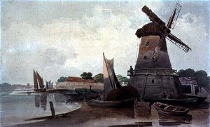 Vue sur la Tamise, avec moulin à vent et bateaux