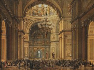 Service religieux dans la cathédrale Saint-Isaac à Saint-Pétersbourg, années 1850
