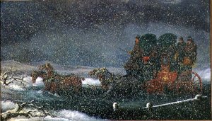 Une diligence traversant un ruisseau dans une tempête de neige
