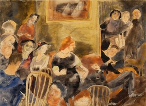 Intérieur avec groupe de personnes autour d