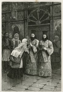 Prêtres donnant à baiser les images saintes, gravure par Ch. Delort, pour illustrer le voyage d