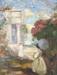 Paysage lyrique avec deux figures en tenue du XIXe siècle