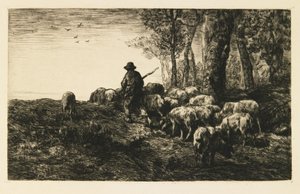 Troupeau de cochons avec porcher