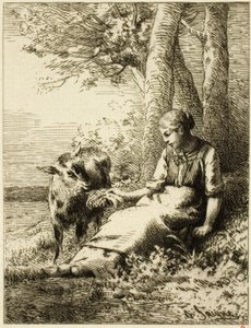 Berger avec troupeau de moutons au bord du bois
