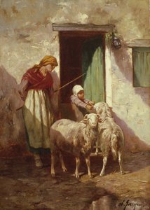Bergère avec un enfant et deux moutons - Charles Emile Jacque