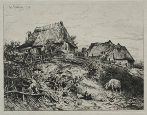Deux cottages sur une berge - Charles Emile Jacque