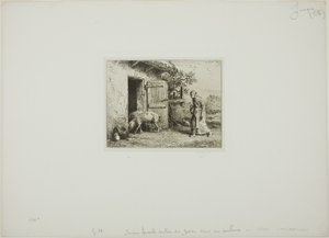Femme ramenant ses cochons à la maison