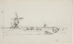 Paysage en Hollande (recto) ; Esquisse de moulins à vent au bord de l
