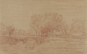 Paysage avec vaches paissant et buvant et un taureau observant