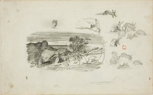 Croquis : Cadre rocheux et lapins - Charles Francois Daubigny