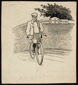 Un homme à vélo devant un panneau marquant la frontière entre le Middlesex et le Buckinghamshire