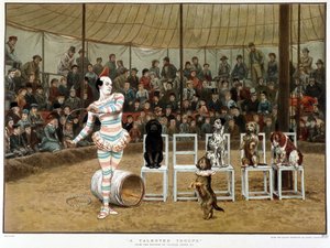 Les chiens savants : scène de cirque avec clown et chiens - d