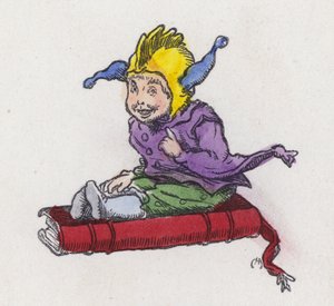 Figure assise sur un livre et portant un chapeau de bouffon