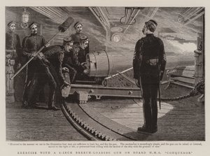 Exercice avec un canon à chargement par la culasse de 6 pouces à bord du HMS Conqueror - Charles J. Staniland
