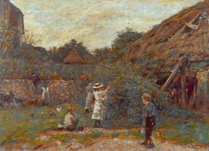 Scène dans une cour de ferme avec des enfants cueillant des fruits, 1901