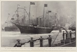 Revue navale du couronnement à Spithead, 16 août, le yacht de Sa Majesté, le Victoria et Albert, avec le roi à bord, passant à travers les lignes