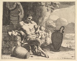 Soir : un satyre assis serre son enfant, une figure accroche une guirlande sur un pilier au-delà, vers 1640 - Charles Le Brun