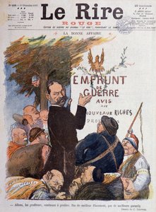 Première Guerre mondiale (1914-1918) : Caricature sur la promotion du prêt de guerre, source de revenus pour les profiteurs enrichis par le commerce du charbon, des munitions et du bétail - Dessin de Charles Léandre (1862-1934), pour la couverture de Le Ri